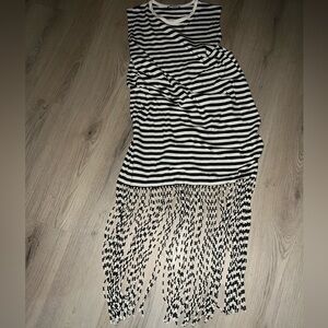 ZARA Black & Cream Striped Midi Dress – Size L